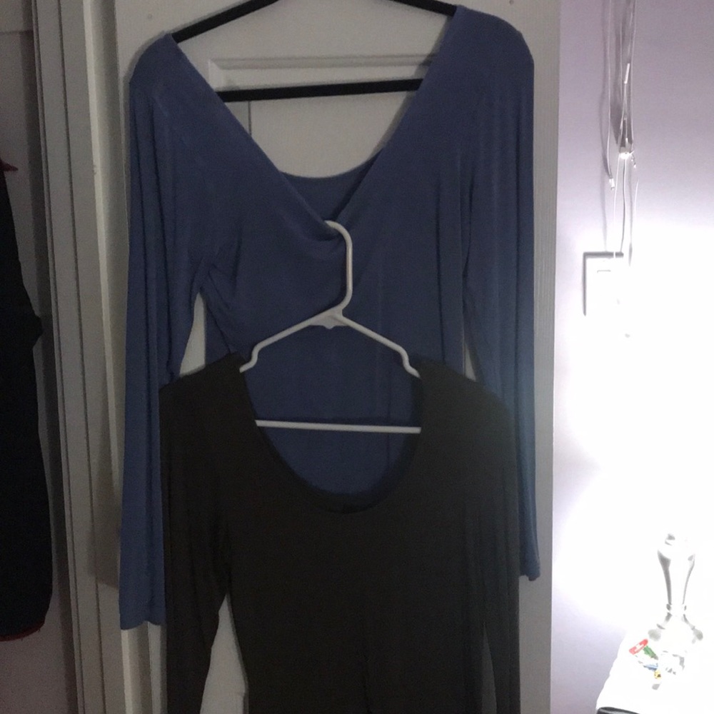 2 long sleeve low cut (front and back) shirts.